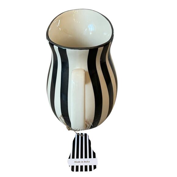 Hand Painted Striped Ceramic Pitcher 8in Made in India Black & Cream NEW - Picture 6 of 15